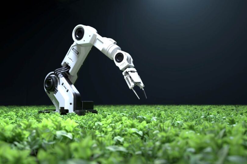Autonomous robotic arm applying AI-powered precision agriculture in a crop field