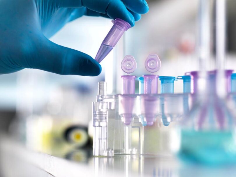 Gloved hand placing a microtube into a rack in a clinical research lab.