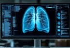 Digital lung X-ray scan displayed on a medical monitor, symbolising lung cancer research.