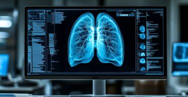 Digital lung X-ray scan displayed on a medical monitor, symbolising lung cancer research.