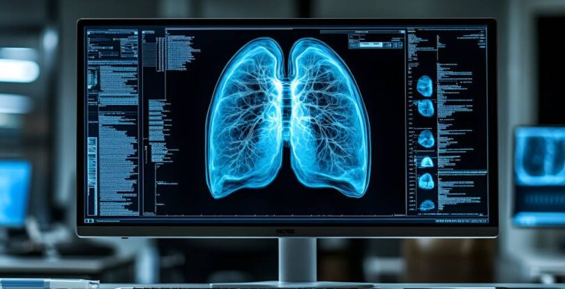 Digital lung X-ray scan displayed on a medical monitor, symbolising lung cancer research.