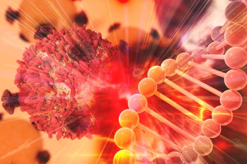 DNA strand and human cell under magnification, symbolising gene therapy and medical biotechnology innovation