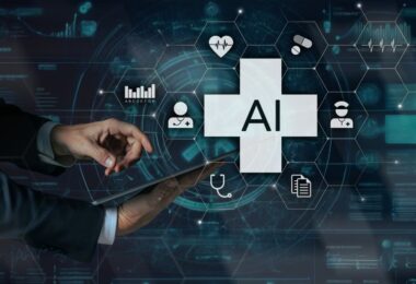 Scientist in lab using AI-powered computational tools to model drug structures in collaboration with international partners.