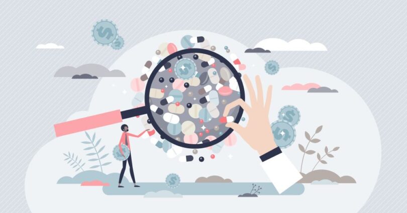 biotech investment growth in the UK, combining financial graphs with laboratory research visuals.