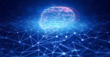 Digital rendering of a brain network representing artificial intelligence in research and innovation.