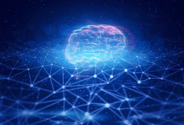 Digital rendering of a brain network representing artificial intelligence in research and innovation.