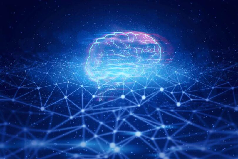 Digital rendering of a brain network representing artificial intelligence in research and innovation.