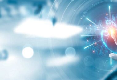 Clinician interacting with digital data visualisation of a human heart symbolising AI-enabled clinical research.