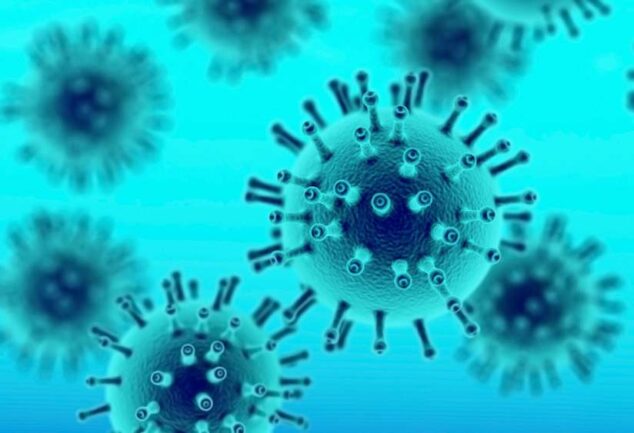 “3D rendering of virus particles representing infectious disease and pandemic threat.”