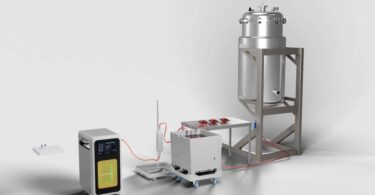 Krakatoa K500 on-demand media system connected to bioreactor-scale workflow