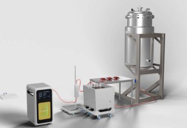 Krakatoa K500 on-demand media system connected to bioreactor-scale workflow