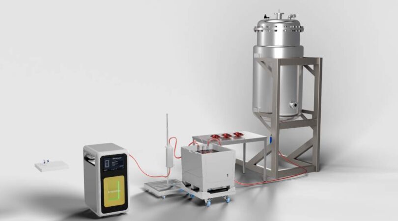 Krakatoa K500 on-demand media system connected to bioreactor-scale workflow