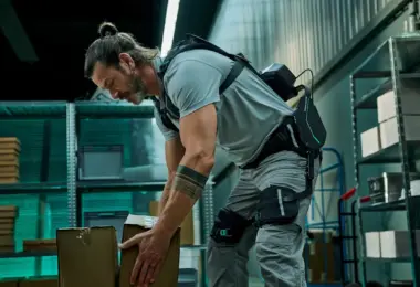 Smart exoskeletons and digital ergonomics system supporting worker lifting boxes in industrial environment