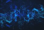 Abstract blue AI network visualisation representing digital connectivity and data analysis in life sciences