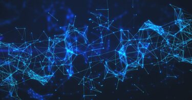 Abstract blue AI network visualisation representing digital connectivity and data analysis in life sciences