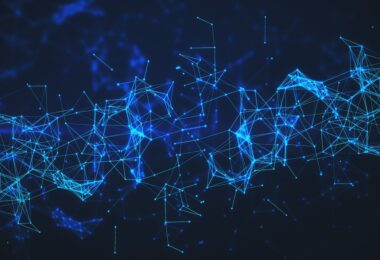 Abstract blue AI network visualisation representing digital connectivity and data analysis in life sciences