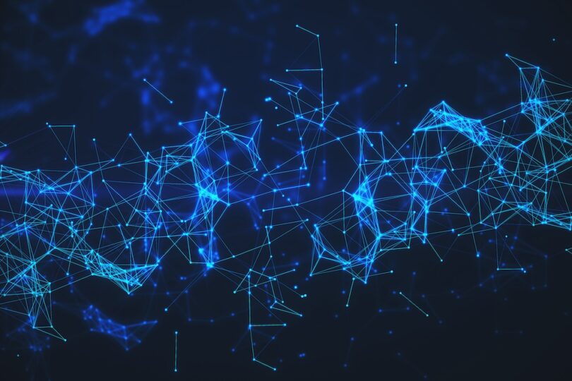Abstract blue AI network visualisation representing digital connectivity and data analysis in life sciences