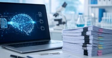 Artificial intelligence supporting regulatory medical writing and clinical research documentation in a modern life sciences laboratory environment.