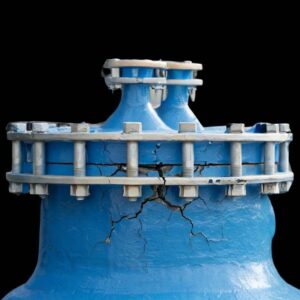 Pressure vessel joint showing structural cracking associated with stress concentration and fatigue loading