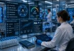 Scientist using AI-powered compliance dashboards in a pharmaceutical laboratory, illustrating FDA and EMA regulatory oversight of artificial intelligence in drug development.
