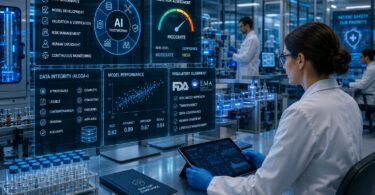 Scientist using AI-powered compliance dashboards in a pharmaceutical laboratory, illustrating FDA and EMA regulatory oversight of artificial intelligence in drug development.