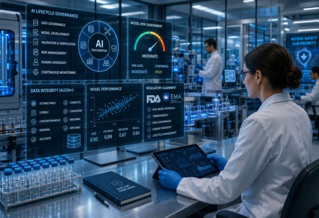 Scientist using AI-powered compliance dashboards in a pharmaceutical laboratory, illustrating FDA and EMA regulatory oversight of artificial intelligence in drug development.