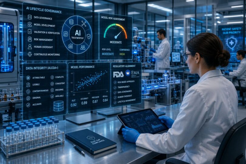 Scientist using AI-powered compliance dashboards in a pharmaceutical laboratory, illustrating FDA and EMA regulatory oversight of artificial intelligence in drug development.