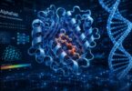 AI-generated visualisation of a protein structure with a bound molecule, representing AlphaFold's role in AI-powered protein structure prediction and drug discovery.