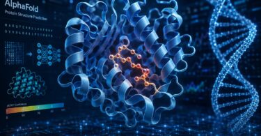 AI-generated visualisation of a protein structure with a bound molecule, representing AlphaFold's role in AI-powered protein structure prediction and drug discovery.