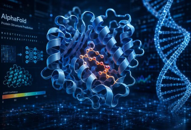 AI-generated visualisation of a protein structure with a bound molecule, representing AlphaFold's role in AI-powered protein structure prediction and drug discovery.