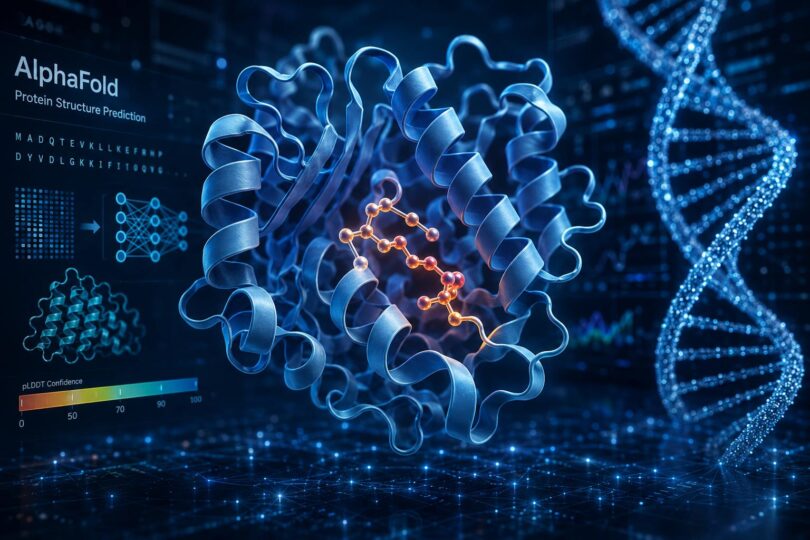 AI-generated visualisation of a protein structure with a bound molecule, representing AlphaFold's role in AI-powered protein structure prediction and drug discovery.