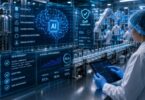 AI-powered pharmaceutical manufacturing facility with digital compliance dashboards illustrating GxP-compliant artificial intelligence, quality assurance and regulated life sciences workflows.