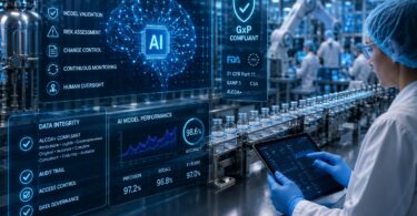 AI-powered pharmaceutical manufacturing facility with digital compliance dashboards illustrating GxP-compliant artificial intelligence, quality assurance and regulated life sciences workflows.