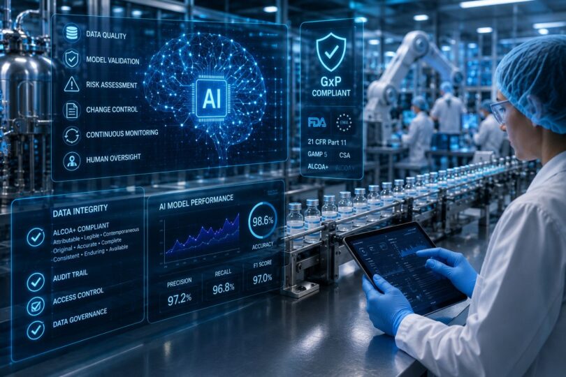 AI-powered pharmaceutical manufacturing facility with digital compliance dashboards illustrating GxP-compliant artificial intelligence, quality assurance and regulated life sciences workflows.
