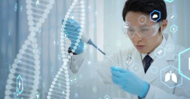 Scientist using a pipette with digital DNA and health data graphics