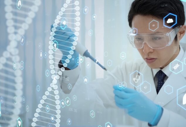 Scientist using a pipette with digital DNA and health data graphics