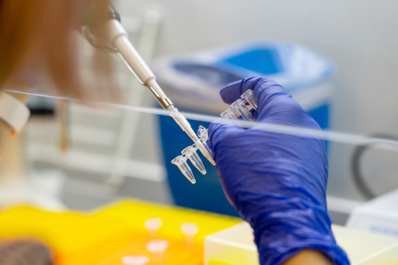Scientist pipetting a sample into a vial for DNA testing in a laboratory setting.